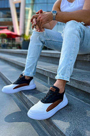 J115 Literide Ortopedik Taban Günlük Cilt Erkek Sneaker Spor Ayakkabı CBT Beyaz/Taba/Siyah