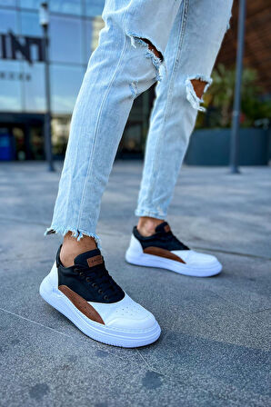 J115 Literide Ortopedik Taban Günlük Cilt Erkek Sneaker Spor Ayakkabı CBT Beyaz/Taba/Siyah