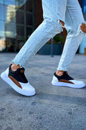 J115 Literide Ortopedik Taban Günlük Cilt Erkek Sneaker Spor Ayakkabı CBT Beyaz/Taba/Siyah