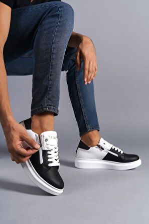 J155 Warrior Bağcıklı ve Fermuarlı Cilt Erkek Günlük Sneaker Ayakkabı BT Beyaz/Siyah