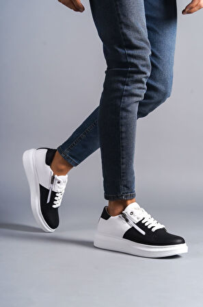 J155 Warrior Bağcıklı ve Fermuarlı Cilt Erkek Günlük Sneaker Ayakkabı BT Beyaz/Siyah