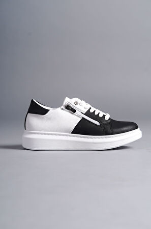 J155 Warrior Bağcıklı ve Fermuarlı Cilt Erkek Günlük Sneaker Ayakkabı BT Beyaz/Siyah