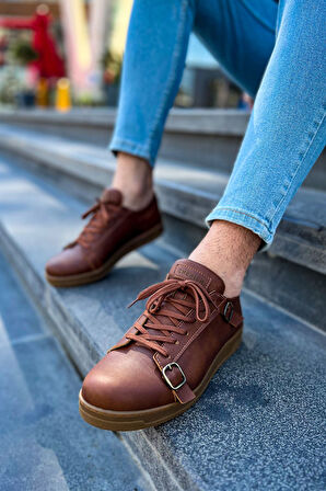 J191 Side Buckle Ortopedik Taban Günlük Cilt Erkek Sneaker Spor Ayakkabı CTT Taba