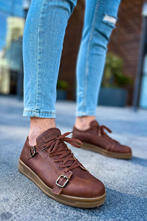 J191 Side Buckle Ortopedik Taban Günlük Cilt Erkek Sneaker Spor Ayakkabı CTT Taba