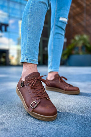 J191 Side Buckle Ortopedik Taban Günlük Cilt Erkek Sneaker Spor Ayakkabı CTT Taba