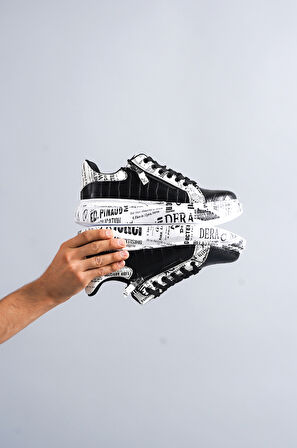 J02 Bağcıklı Timsah Desenli Gazete Baskılı Ortopedik Taban Erkek Spor Sneaker Ayakkabı BT Siyah