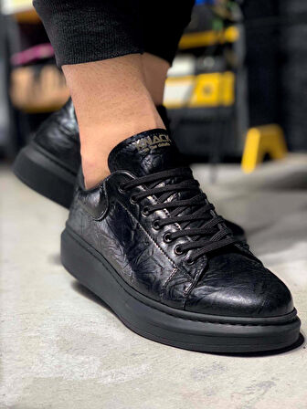 J044 Bağcıklı Ortopedik Taban Erkek Desenli Günlük Sneaker Spor Ayakkabı ST Siyah