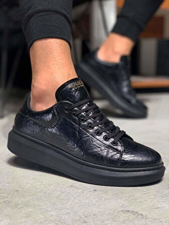J044 Bağcıklı Ortopedik Taban Erkek Desenli Günlük Sneaker Spor Ayakkabı ST Siyah