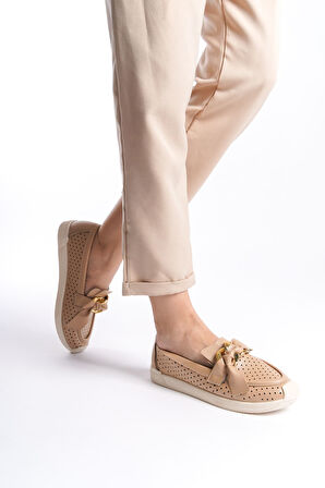 HANDY Bağcıksız Ortopedik Rahat Taban Kalp Desenli Kadın Babet Ayakkabı KT Ten