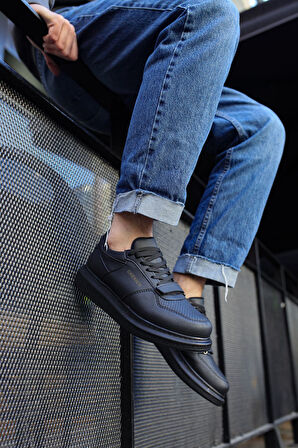 J073 Flatline Ortopedik Taban Günlük Cilt Erkek Sneaker Spor Ayakkabı CST Siyah
