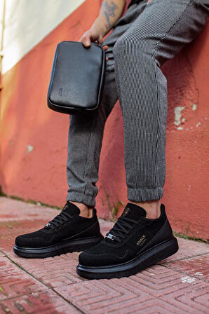 J040 Bağcıklı Ortopedik Taban Erkek Günlük Süet Sneaker Spor Ayakkabı ST Siyah