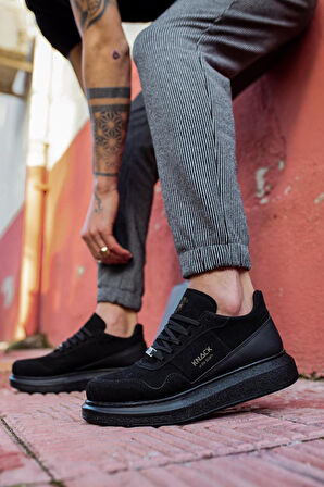 J040 Bağcıklı Ortopedik Taban Erkek Günlük Süet Sneaker Spor Ayakkabı ST Siyah