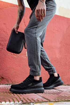J040 Bağcıklı Ortopedik Taban Erkek Günlük Süet Sneaker Spor Ayakkabı ST Siyah