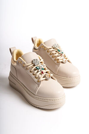 ISABELLA Bağcıklı Ortopedik Taban Renkli Taş Dekorlu Kadın Sneaker Ayakkabı KT Krem/Altın