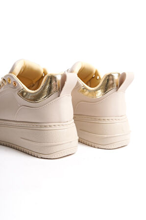 ISABELLA Bağcıklı Ortopedik Taban Renkli Taş Dekorlu Kadın Sneaker Ayakkabı KT Krem/Altın