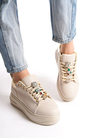 ISABELLA Bağcıklı Ortopedik Taban Renkli Taş Dekorlu Kadın Sneaker Ayakkabı KT Krem/Altın