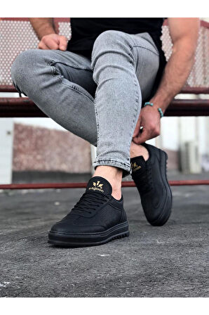 J022 Bağcıklı Ortopedik Taban Erkek Sneaker Günlük Ayakkabı ST Siyah