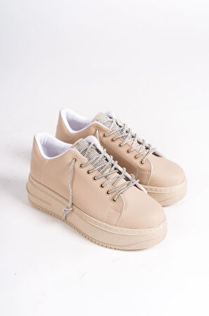 SERENA Bağcıklı Ortopedik Taban Taşlı Kadın Sneaker Ayakkabı TT Ten