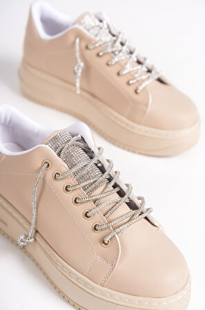 SERENA Bağcıklı Ortopedik Taban Taşlı Kadın Sneaker Ayakkabı TT Ten