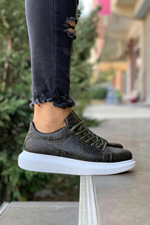 J044 Bağcıklı Ortopedik Taban Erkek Desenli Günlük Sneaker Spor Ayakkabı BT Haki