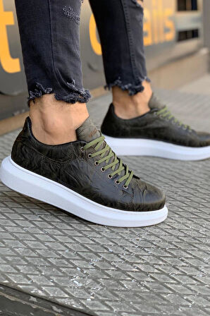 J044 Bağcıklı Ortopedik Taban Erkek Desenli Günlük Sneaker Spor Ayakkabı BT Haki