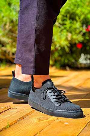 J110 Bağcıklı Ortopedik Taban Triko Erkek Spor Sneaker Ayakkabı ST Siyah
