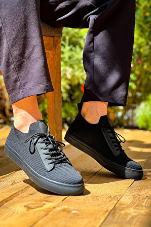 J110 Bağcıklı Ortopedik Taban Triko Erkek Spor Sneaker Ayakkabı ST Siyah