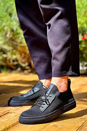 J110 Bağcıklı Ortopedik Taban Triko Erkek Spor Sneaker Ayakkabı ST Siyah