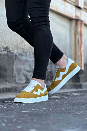 J160 Bağcıklı Ortopedik Taban Süet Erkek Sneaker Günlük Ayakkabı BT Sarı/Beyaz