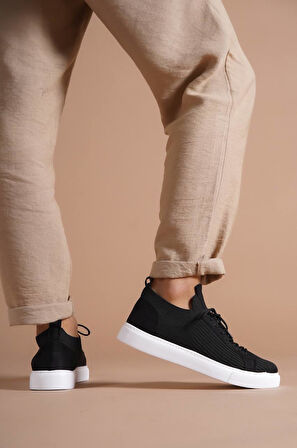 J112 Bağcıklı Ortopedik Taban Triko Erkek Spor Sneaker Ayakkabı BT Siyah