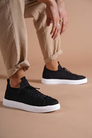 J112 Bağcıklı Ortopedik Taban Triko Erkek Spor Sneaker Ayakkabı BT Siyah