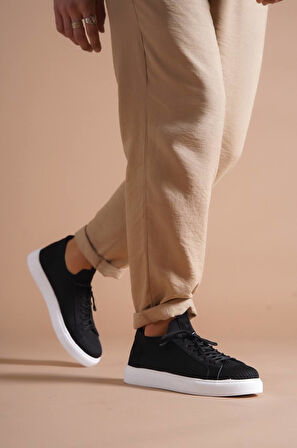 J112 Bağcıklı Ortopedik Taban Triko Erkek Spor Sneaker Ayakkabı BT Siyah