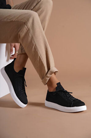 J112 Bağcıklı Ortopedik Taban Triko Erkek Spor Sneaker Ayakkabı BT Siyah