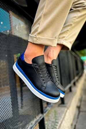 J979 Santoni Ortopedik Taban Günlük Cilt Erkek Sneaker Spor Ayakkabı CBT Siyah/Mavi