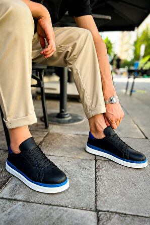 J979 Santoni Ortopedik Taban Günlük Cilt Erkek Sneaker Spor Ayakkabı CBT Siyah/Mavi