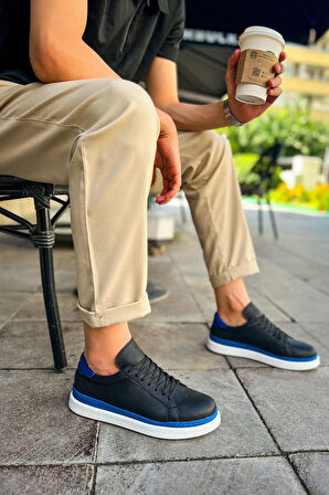 J979 Santoni Ortopedik Taban Günlük Cilt Erkek Sneaker Spor Ayakkabı CBT Siyah/Mavi