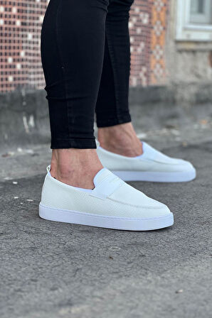 J061 Bağcıksız Ortopedik Taban Triko Cilt Erkek Klasik Günlük Ayakkabı BT Beyaz