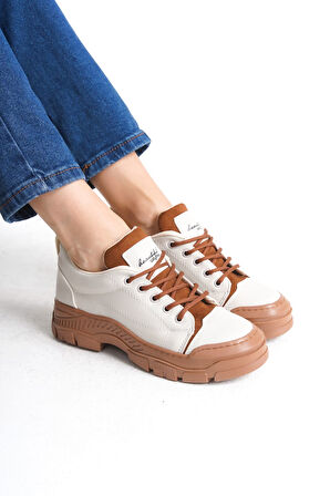 VIVIENNE Bağcıklı Ortopedik Taban Cilt Kadın Sneaker Ayakkabı TT Krem