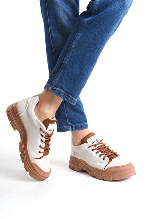 VIVIENNE Bağcıklı Ortopedik Taban Cilt Kadın Sneaker Ayakkabı TT Krem