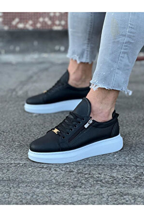 J504 Bağcıklı Fermuarlı Ortopedik Taban Erkek Sneaker Günlük Ayakkabı BT Siyah