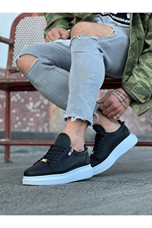 J504 Bağcıklı Fermuarlı Ortopedik Taban Erkek Sneaker Günlük Ayakkabı BT Siyah
