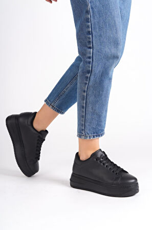 SABINA Bağcıklı Ortopedik Taban Kadın Sneaker Ayakkabı ST Siyah