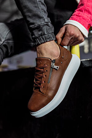J555 Bağcıklı Fermuarlı Ortopedik Taban Erkek Günlük Sneaker Spor Ayakkabı BT Taba