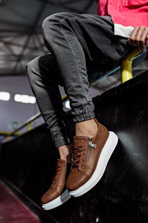 J555 Bağcıklı Fermuarlı Ortopedik Taban Erkek Günlük Sneaker Spor Ayakkabı BT Taba