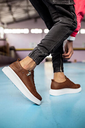 J555 Bağcıklı Fermuarlı Ortopedik Taban Erkek Günlük Sneaker Spor Ayakkabı BT Taba
