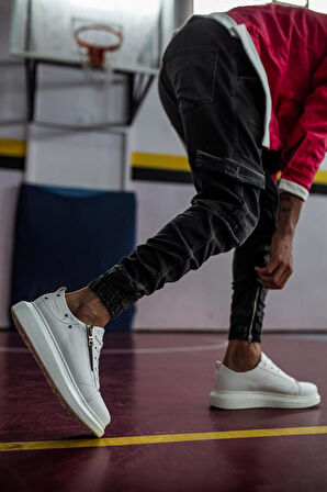 J555 Bağcıklı Fermuarlı Ortopedik Taban Erkek Günlük Sneaker Spor Ayakkabı BT Beyaz