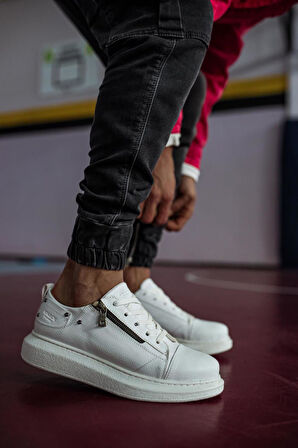J555 Bağcıklı Fermuarlı Ortopedik Taban Erkek Günlük Sneaker Spor Ayakkabı BT Beyaz