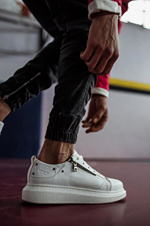 J555 Bağcıklı Fermuarlı Ortopedik Taban Erkek Günlük Sneaker Spor Ayakkabı BT Beyaz