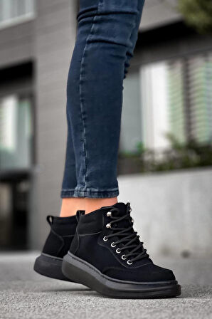 J0994 Bağcıklı Ortopedik Taban Suya ve Soğuğa Dayanıklı Günlük Kışlık Süet Erkek Bot ST Siyah