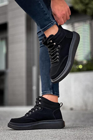 J0994 Bağcıklı Ortopedik Taban Suya ve Soğuğa Dayanıklı Günlük Kışlık Süet Erkek Bot ST Siyah